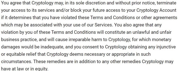 akceptacja regulaminu przez użytkownika cryptology.com