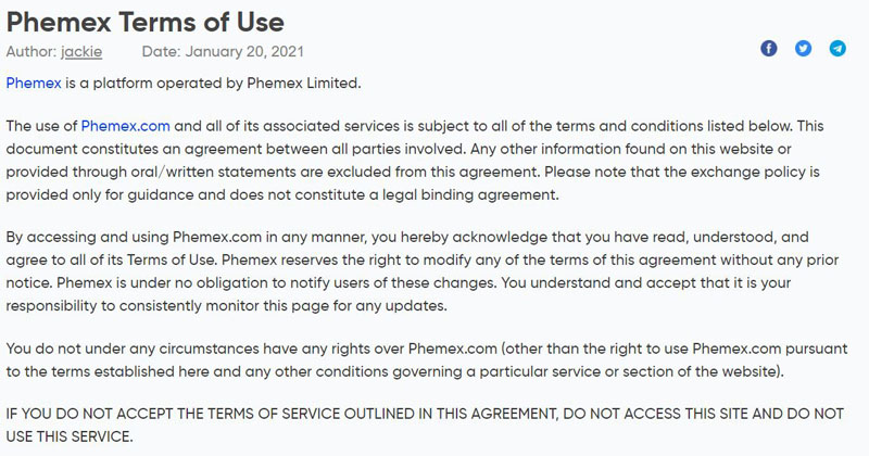 Umowa z użytkownikiem Phemex