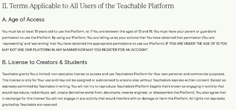 zasady korzystania z serwisu teachable.com